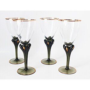 Vintage Set of 4 Retro Dark Green Wine Glasses with Gold Tear Drop Barware